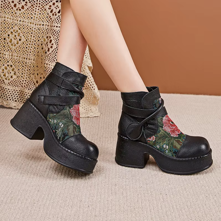 USS Shoes Ruby Women's Leather Round Toe Flowers Retro Boots