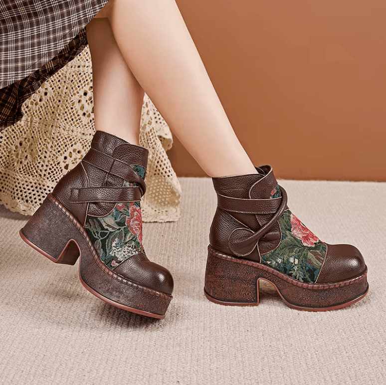 USS Shoes Ruby Women's Leather Round Toe Flowers Retro Boots
