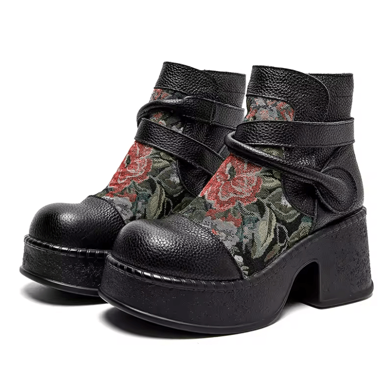 USS Shoes Ruby Women's Leather Round Toe Flowers Retro Boots - Luxuryurbanwear