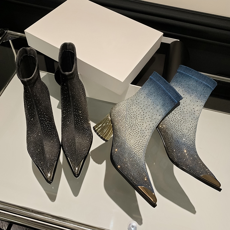 USS Shoes Showly Women's Luxury Rhinestones Pointy Toe Boots - Luxuryurbanwear