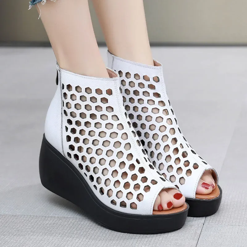 Women's white summer wedge sandals with hexagon cutouts, black sole, luxury urban footwear