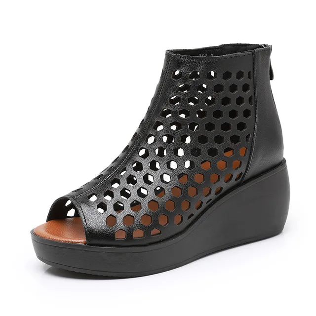 Black women's summer wedge sandal with honeycomb cutout design, luxury urban wear