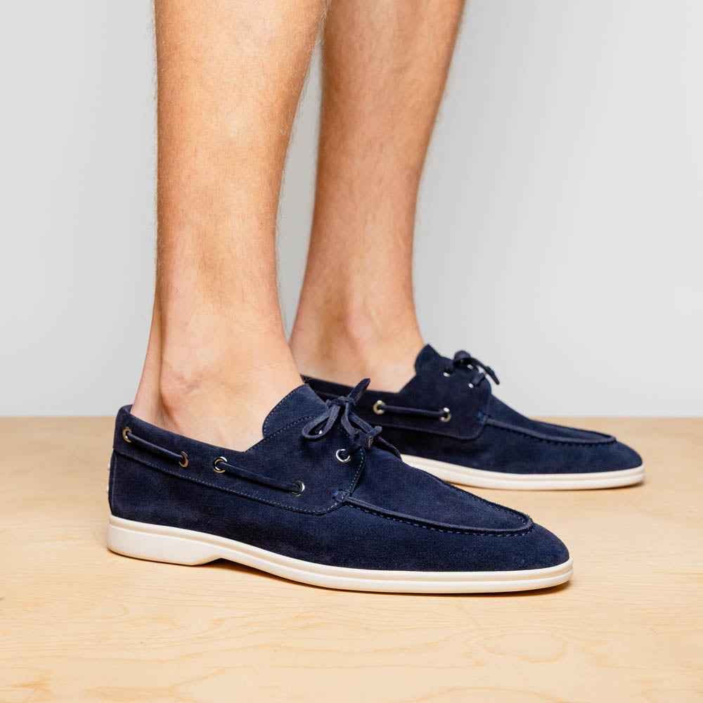 16-675-NVY VENICE Italian Sueded Goatskin Boat Shoes, Navy