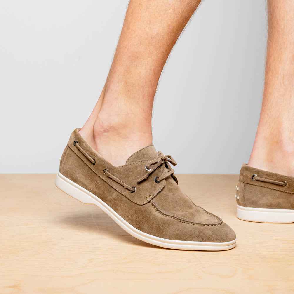 16-675-TPE VENICE Italian Sueded Goatskin Boat Shoes, Taupe